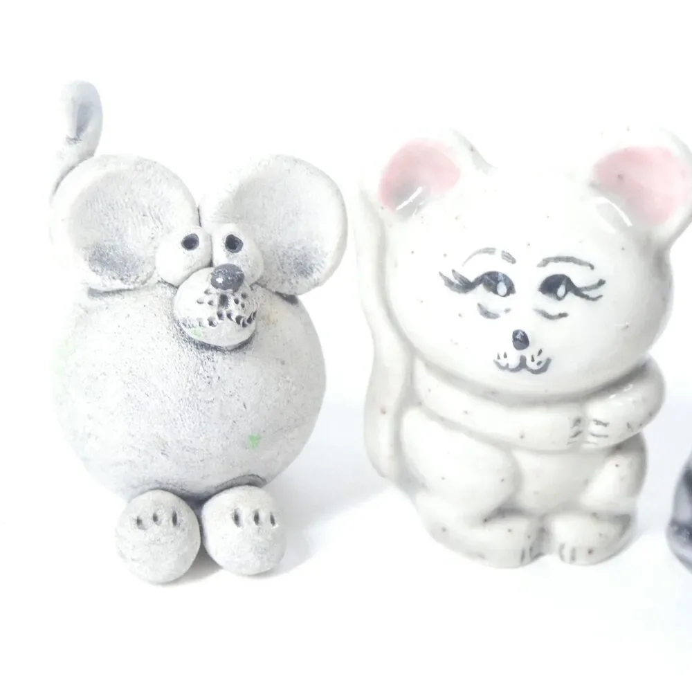 3 Mouse Figurines Handmade Clay Pottery Ceramic Miniature Mice